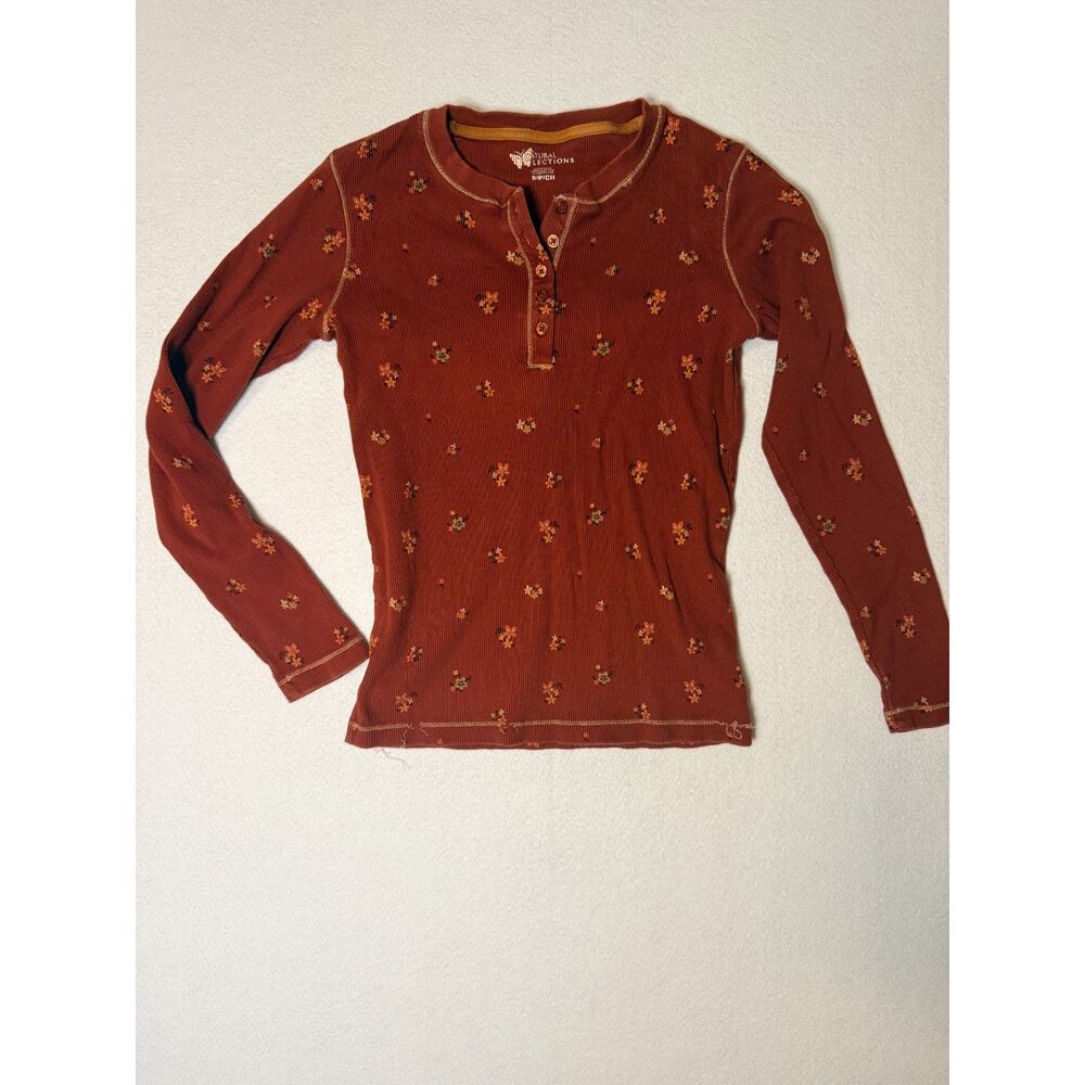 Natural Reflections Cottagecore Rust Floral Ribbed Henley Top